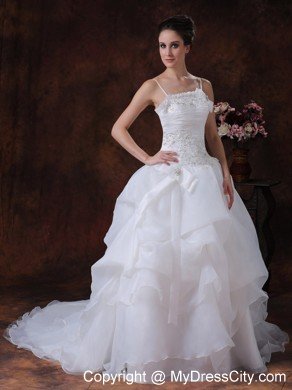 Spaghetti Straps A-Line Court Train Beaded Lace-up Bridal Gown