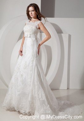 Popular A-line Square Neck Court Train Belt Lace Wedding Dress