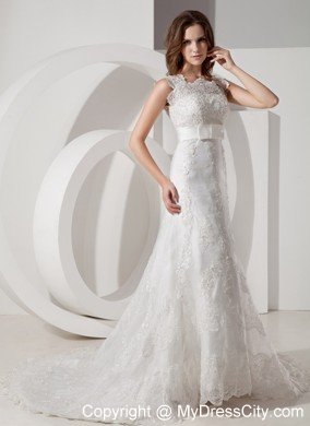 Popular A-line Square Neck Court Train Belt Lace Wedding Dress