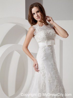 Popular A-line Square Neck Court Train Belt Lace Wedding Dress