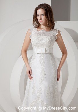 Popular A-line Square Neck Court Train Belt Lace Wedding Dress