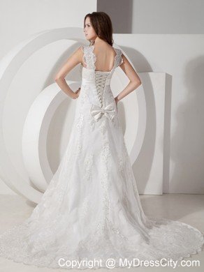Popular A-line Square Neck Court Train Belt Lace Wedding Dress