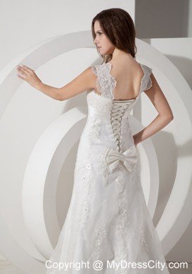 Popular A-line Square Neck Court Train Belt Lace Wedding Dress