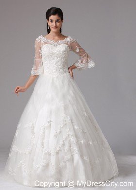 Lace A-line V-neck Destination Wedding Dress with Half Sleeves
