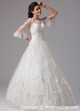 Lace A-line V-neck Destination Wedding Dress with Half Sleeves