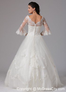 Lace A-line V-neck Destination Wedding Dress with Half Sleeves