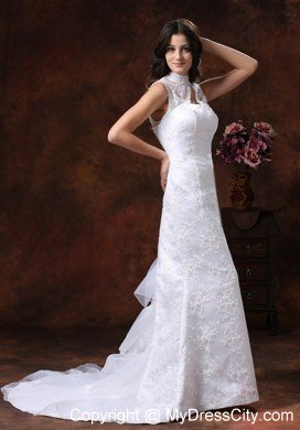 Gorgeous Mermaid Embroidery Wedding Dress with High Neckline