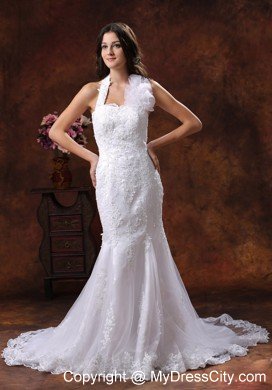 Mermaid Wedding Dress with Flower Halter Neckline and Lace