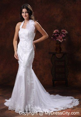 Mermaid Wedding Dress with Flower Halter Neckline and Lace