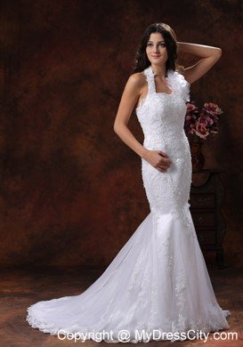 Mermaid Wedding Dress with Flower Halter Neckline and Lace