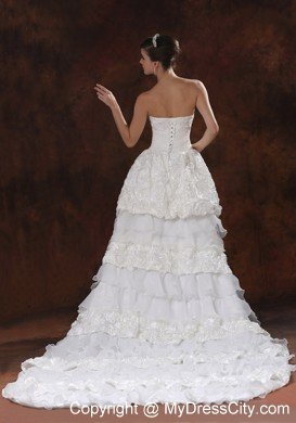 Cute High-low Brush Train Wedding Dress with Rolling Flowers