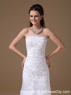 Beautiful A-line Brush Train Lace Wedding Dress with Bowknot