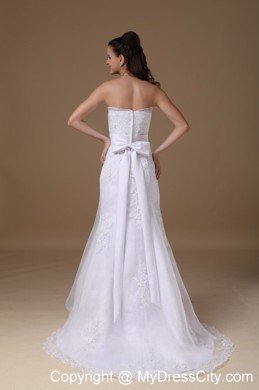 Beautiful A-line Brush Train Lace Wedding Dress with Bowknot
