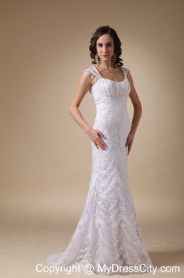 Fashionable Square Neck Brush Train Satin and Lace Bridal Gown