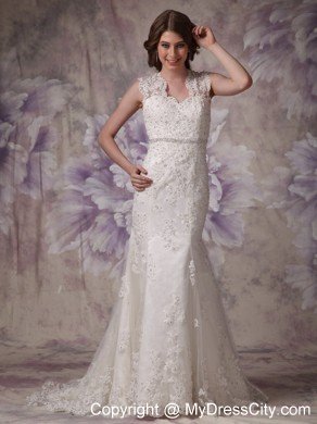Affordable Mermaid Straps Court Train Lace Beaded Wedding Dress