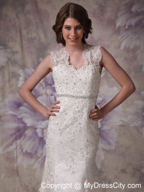 Affordable Mermaid Straps Court Train Lace Beaded Wedding Dress