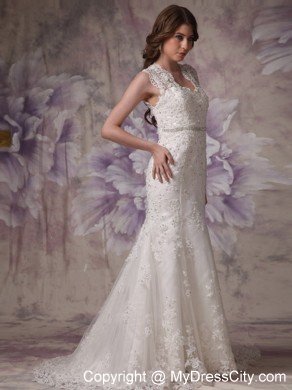 Affordable Mermaid Straps Court Train Lace Beaded Wedding Dress