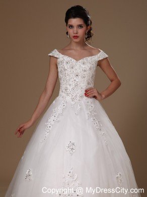 Off Shoulder A-line Appliques Court Train Lace-up Wedding Dress