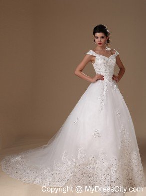 Off Shoulder A-line Appliques Court Train Lace-up Wedding Dress