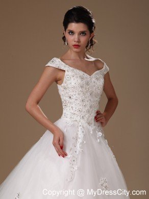 Off Shoulder A-line Appliques Court Train Lace-up Wedding Dress