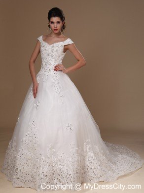 Off Shoulder A-line Appliques Court Train Lace-up Wedding Dress