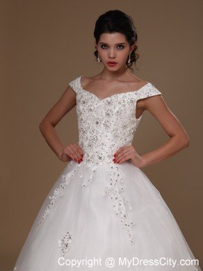 Off Shoulder A-line Appliques Court Train Lace-up Wedding Dress