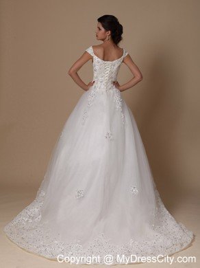 Off Shoulder A-line Appliques Court Train Lace-up Wedding Dress