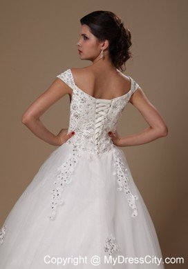Off Shoulder A-line Appliques Court Train Lace-up Wedding Dress