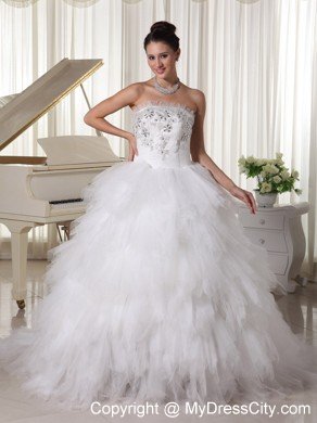 Tulle Ruffles A-line Strapless Beaded Decorated Wedding Dress