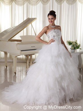 Tulle Ruffles A-line Strapless Beaded Decorated Wedding Dress
