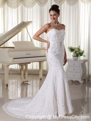 Sweetheart Court Train Wedding Gowns with Beading Over Bodice