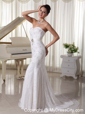 Sweetheart Court Train Wedding Gowns with Beading Over Bodice