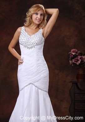 V-neck Mermaid Wedding Dress with Ruched Bodice and Beaded Bust
