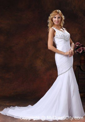V-neck Mermaid Wedding Dress with Ruched Bodice and Beaded Bust