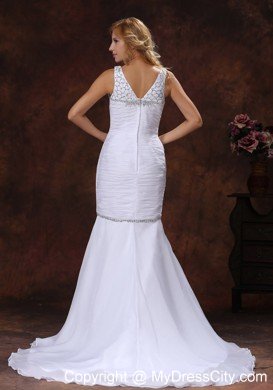 V-neck Mermaid Wedding Dress with Ruched Bodice and Beaded Bust