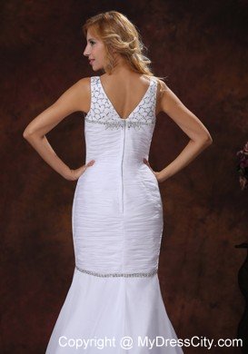 V-neck Mermaid Wedding Dress with Ruched Bodice and Beaded Bust