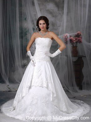 Latest Princess Strapless Court Train Lace Wedding Bridal Gown