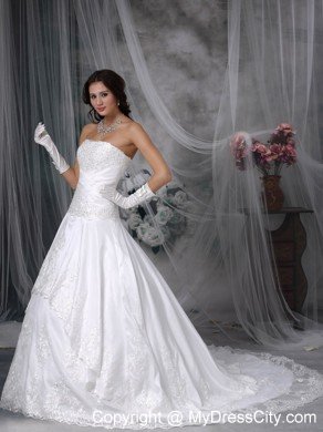 Latest Princess Strapless Court Train Lace Wedding Bridal Gown