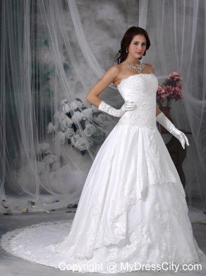 Latest Princess Strapless Court Train Lace Wedding Bridal Gown