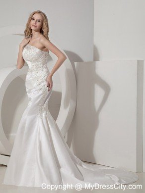 Mermaid One Shoulder Chapel Train Satin and Lace Wedding Dress