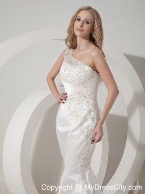 Mermaid One Shoulder Chapel Train Satin and Lace Wedding Dress