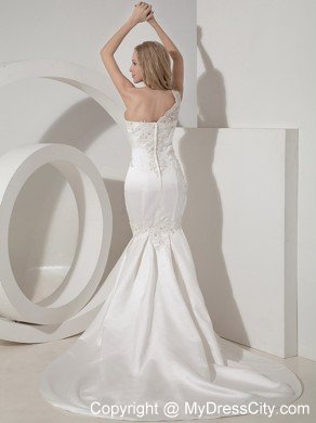 Mermaid One Shoulder Chapel Train Satin and Lace Wedding Dress