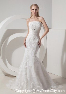 Mermaid Chapel Train Lace and Taffeta Beading Wedding Bridal Gown