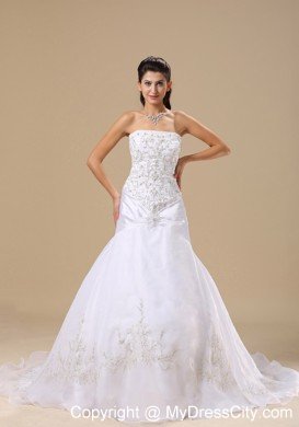 Embroidery Decorated Organza and Taffeta Chapel Train Wedding Dress