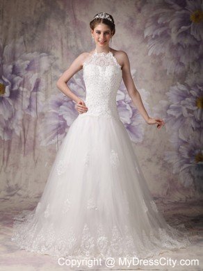 Princess Halter Top Chapel Train Tulle Beading Wedding Gown