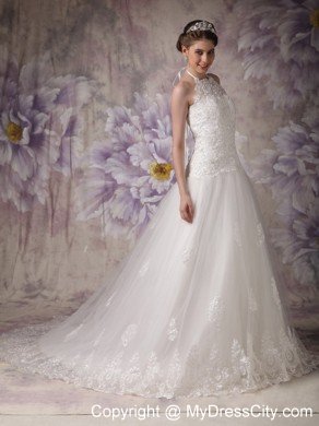 Princess Halter Top Chapel Train Tulle Beading Wedding Gown