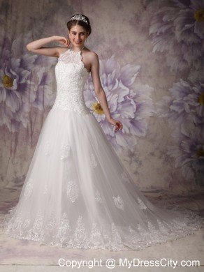 Princess Halter Top Chapel Train Tulle Beading Wedding Gown