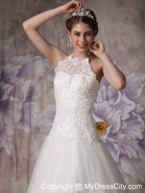 Princess Halter Top Chapel Train Tulle Beading Wedding Gown