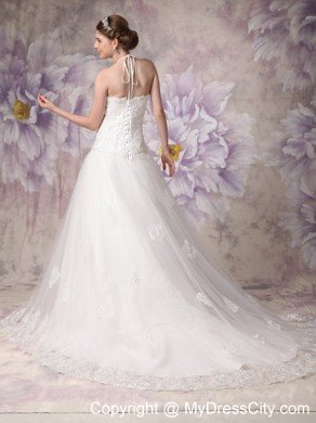 Princess Halter Top Chapel Train Tulle Beading Wedding Gown