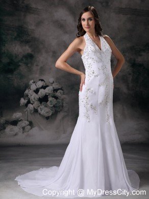 Mermaid Halter Top Court Train Chiffon Beading Wedding Dress